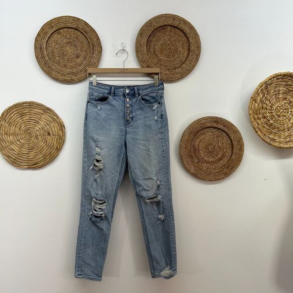 AEO American Eagle Distressed Button Fly High Rise Mom Jean Jeans 4 - Picture 1 of 5